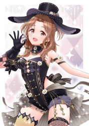 1girl :d animal_ears arm_ribbon asymmetrical_clothes black_choker black_gloves black_hat black_leotard black_ribbon breasts brown_eyes brown_hair choker cleavage cowboy_shot easter_egg egg fake_animal_ears fishnet_thighhighs fishnets garter_straps gloves hair_intakes hat highres holding holding_egg ichikawa_hinana idolmaster idolmaster_shiny_colors leotard long_hair medium_breasts mismatched_thighhighs open_mouth rabbit_ears ribbon smile solo standing thighhighs toriniku_(tori_niku1998) two_side_up yellow_stripes yellow_thighhighs