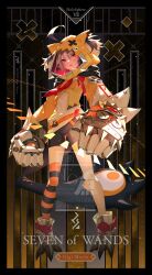 Rule 34 | 1girl, ahoge, animal ear hood, belt, bike shorts, bilingual commentary, black shorts, black thighhighs, blonde hair, brown hair, card (medium), character name, commentary, english commentary, english text, fake animal ears, full body, gauntlets, gigi murin, gigi murin (1st costume), hair through hood, highres, hololive, hololive english, hood, hood up, hooded shrug, ishihara (kuniyoshi), long hair, long sleeves, looking at viewer, mixed-language commentary, multicolored hair, open mouth, orange belt, orange shrug, orange thighhighs, pink eyes, puffy long sleeves, puffy sleeves, shirt, shoes, short hair, short twintails, shorts, shrug (clothing), single thighhigh, sneakers, solo, striped clothes, striped thighhighs, tail, tarot, tarot (medium), teeth, thighhighs, twintails, two-tone hair, upper teeth only, virtual youtuber, watermark, white shirt, white shoes