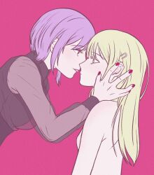 2girls bang_dream! bang_dream!_it&#039;s_mygo!!!!! black_shirt breasts bupalkun clothed_female_nude_female collared_shirt commentary_request from_side green_hair hair_ornament hairclip hand_on_another&#039;s_face highres korean_commentary long_hair multiple_girls nude pink_background pink_eyes profile purple_hair red_nails see-through_clothes see-through_sleeves shirt short_hair simple_background small_breasts tongue tongue_out upper_body wakaba_mutsumi yuri yuutenji_nyamu