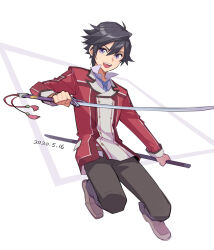 1boy ahoge black_hair blue_necktie dated double-parted_bangs eiyuu_densetsu feng_you full_body hair_between_eyes holding holding_sheath holding_sword holding_weapon jacket katana loafers long_sleeves male_focus necktie open_mouth pommel_tassel purple_eyes rean_schwarzer school_uniform sen_no_kiseki_(series) sen_no_kiseki_i sheath shoes short_hair simple_background smile solo sword thors_military_academy_class_vii_uniform weapon white_background