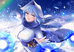 1girl alternate_costume anesaki blue_background blue_eyes blue_hair breasts commentary_request commission hat japanese_clothes kimono large_breasts letty_whiterock long_sleeves looking_at_viewer open_mouth scarf short_hair skeb_commission snowflakes solo touhou white_hat white_kimono