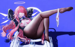 1girl arknights arms_behind_head black_jacket black_pantyhose breasts commentary detached_wings energy_wings halo jacket large_variant_set lemuen_(arknights) long_hair long_sleeves looking_at_viewer medium_breasts nipples open_clothes open_jacket panties panties_around_one_ankle pantyhose pink_eyes pink_hair purple_background reclining shadow simple_background smile soles solo underwear variant_set wheelchair white_halo white_panties white_wings wings yuuki_mix
