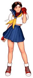 1girl absurdres arm_up blue_sailor_collar capcom_vs_snk capcom_vs_snk_2 clenched_hand crop_top facing_viewer fingerless_gloves game_cg gloves headband highres kasugano_sakura midriff mma_gloves mori_toshiaki non-web_source official_art sailor_collar school_uniform serafuku skirt smile solo street_fighter