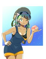 01angelegg 1girl :q artist_name bare_arms black_bra blue_overalls bra breasts cleavage closed_mouth collarbone commentary cone_horns cowboy_shot dated eyeshadow food fruit green_eyes green_eyeshadow green_hair hand_on_own_hip hand_up hat highres holding holding_food holding_fruit horns leaning_forward long_hair looking_at_viewer lum makeup medium_breasts one_eye_closed oni overall_shorts overalls peach pointy_ears shadow smile solo standing straw_hat tan tongue tongue_out twitter_username underwear urusei_yatsura