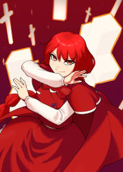 1girl bow bowtie braid cape capelet closed_mouth cross highres long_hair long_sleeves looking_at_viewer okazaki_yumemi phantasmagoria_of_dim.dream red_bow red_bowtie red_cape red_capelet red_eyes red_hair red_skirt red_vest shirt skirt smirk solo spottylen touhou touhou_(pc-98) vest white_shirt