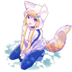 1girl :d animal_hood between_legs blonde_hair blue_eyes dappled_sunlight fox_hood fox_tail full_body hand_between_legs hat_ornament highres hood hooded_jacket jacket kemono_jihen kon_(kemono_jihen) koumien_(banespring16) long_hair looking_at_viewer open_mouth outdoors shoes smile sneakers solo squatting sunlight tail white_background