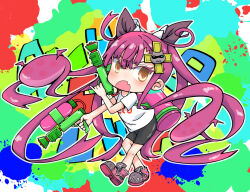 1girl alucard_lore bike_shorts boots bow dual_wielding emil_chronicle_online frilled_bow frills hair_bow hair_ornament holding long_hair open_mouth pink_boots purple_hair senkyoku_niban shirt twintails water_gun white_shirt yellow_eyes