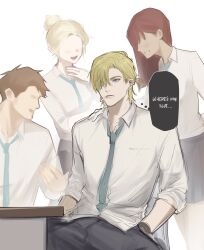 Rule 34 | 2boys, 2girls, blonde hair, blue eyes, blue necktie, brown hair, collared shirt, degrees of lewdity, english text, grey pants, hair over one eye, highres, multiple boys, multiple girls, necktie, pants, ry1356644, shirt, speech bubble, thought bubble, white shirt, whitney (degrees of lewdity), whitney (male) (degrees of lewdity)