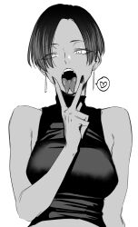 1girl artist_request cunnilingus_gesture forked_tongue highres monochrome short_hair tagme tongue tongue_out translation_request v