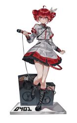 0916psy 1girl absurdres ahoge amplifier arm_at_side belt black_belt black_boots black_sleeve_cuffs blush boots bow buttons cable character_name double-breasted drill_hair flat_chest full_body grey_jacket grey_skirt hair_between_eyes hair_bow hair_ribbon hand_up highres holding holding_microphone jacket kasane_teto kasane_teto_(sv) kneehighs lace-up_boots layered_skirt layered_sleeves leg_up long_sleeves medium_skirt microphone midriff_peek musical_staff musical_staff_print red_eyes red_hair red_skirt red_socks red_trim ribbon shoulder_belt shoulder_boards simple_background skirt skirt_set smile socks solo standing standing_on_one_leg striped_clothes striped_jacket striped_skirt synthesizer_v twin_drills utau white_background white_bow white_ribbon