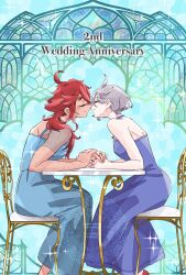 2girls blue_dress chair closed_eyes closed_mouth commentary_request dark-skinned_female dark_skin dress grey_hair gundam gundam_suisei_no_majo highres holding_hands imminent_kiss jewelry kusattatofu long_hair miorine_rembran multiple_girls on_chair purple_dress red_hair ring scar scar_on_arm scar_on_face short_hair sitting smile suletta_mercury table thick_eyebrows wedding_ring wife_and_wife yuri