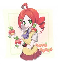 Rule 34 | 1girl, :o, ^ ^, andou ringo, apple, applin, ascot, black eyes, blue ascot, blush, border, bright pupils, character name, closed eyes, collared shirt, crossover, drill hair, female focus, flat chest, food, fruit, gen 8 pokemon, green eyes, hair ornament, hairclip, hands up, holding, holding food, holding fruit, holding pokemon, miniskirt, nest ball, nintendo, on shoulder, open mouth, outline, outside border, pale skin, parted bangs, pleated skirt, pokemon, pokemon (creature), pokemon on shoulder, puyopuyo, red hair, red skirt, school uniform, shirt, short sleeves, sidelocks, skirt, sok (mr14 c), solo focus, standing, sweater vest, trait connection, twin drills, twintails, upper body, vest, white border, white outline, white pupils, white shirt, white trim, wristband, yellow vest