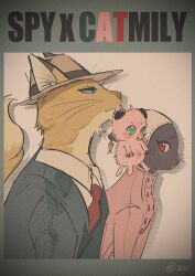 1boy 2girls animal animalization anya_(spy_x_family) black_fur blue_eyes blue_jacket brown_hat cat_boy cat_girl cat_tail child closed_mouth clothed_animal collared_shirt commentary fedora formal_clothes from_side green_eyes hat headscarf highres jacket long_sleeves looking_at_another multiple_girls necktie open_mouth parody pink_fur profile red_eyes red_necktie shirt spy_x_family suit suit_jacket tail twilight_(spy_x_family) upper_body wak_on_spy whiskers white_shirt yellow_fur yor_briar