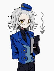 Rule 34 | 1boy, ac warlock, alternate eye color, aotsuki eito, black gloves, black pants, black shirt, blue hat, blue jacket, blue necktie, broken heart, clipboard, collared shirt, cosplay, cowboy shot, glasses, gloves, grey hair, hat, heart, highres, holding, holding clipboard, jacket, looking at viewer, male focus, necktie, pants, persona, persona 3, persona 3 portable, shirt, short hair, simple background, solo, the hundred line -last defense academy-, theodore (persona), theodore (persona) (cosplay), white background, yellow eyes