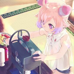 1girl absurdres bare_shoulders candy commentary_request flat_chest food fruit hair_ornament highres ice_shaver indoors kiwi_(fruit) kiwi_slice mitsuya_ryo nijisanji pink_hair purple_eyes sea_slug_ears shirt short_hair shorts sleeveless sleeveless_shirt smile solo strawberry sunlight tatami ushimi_ichigo virtual_youtuber white_shirt