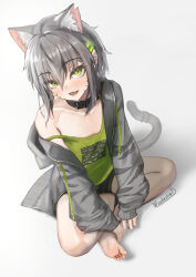1girl :d animal_ears barefoot black_shorts camisole cat_ears cat_girl cat_tail extra_ears fang green_camisole green_eyes grey_hair grey_hoodie highres hood hood_down hoodie indian_style long_sleeves looking_at_viewer off_shoulder open_clothes open_hoodie open_mouth original short_hair short_shorts shorts sitting skin_fang smile tail yuusuke_booi
