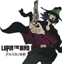 Rule 34 | 1boy, beard, black hair, black jacket, black pants, closed mouth, english text, facial hair, fedora, gun, handgun, hat, hat over eyes, highres, holding, holding gun, holding weapon, jacket, jigen daisuke, long sideburns, long sleeves, lupin iii, male focus, official art, open clothes, open jacket, pants, revolver, shirt, short hair, sideburns, simple background, solo, standing, third-party source, translation request, weapon