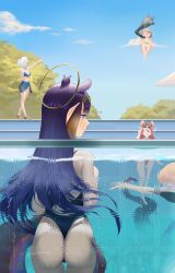 4girls absurdres against_glass ahoge alternate_costume animal_ears ass bikini black_hair black_one-piece_swimsuit blonde_hair blue_bikini blue_eyes blue_sarong blue_sky blunt_bangs brown_hair cecilia_immergreen center-flap_bangs closed_mouth cloud colored_inner_hair commentary commission day derivative_work english_commentary gigi_murin gold_bikini gradient_hair green_hair grey_hair hair_ornament hakos_baelz halo highres hololive hololive_english long_hair looking_at_another mole mole_under_eye mouse_ears mouse_girl mouse_tail multicolored_hair multiple_girls nikatsun ninomae_ina&#039;nis one-piece_swimsuit one_side_up orange_hair outdoors outstretched_arm partially_submerged pointing pointy_ears pool purple_hair red_hair sarong short_hair sidelocks sky smile solo_focus straight_hair streaked_hair swimming swimsuit tail takanashi_kiara tentacle_hair tentacles very_long_hair virtual_youtuber white_hair winding_key