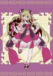 Rule 34 | 1girl, breasts, brown dust (series), brown dust 2, chinese clothes, demon girl, demon horns, dress, eyebrows hidden by hair, footwear ribbon, full body, gloves, green hair, hair between eyes, hair ornament, highres, holding, holding microphone, horns, long hair, looking at viewer, meander, microphone, open mouth, pink dress, pink eyes, pink horns, pink ribbon, purple background, ribbon, seir (brown dust), sleeveless, sleeveless dress, small breasts, solo, standing, standing on one leg, thighhighs, tn scallion, very long hair, wavy mouth, white gloves, white thighhighs