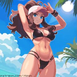 Rule 34 | 1girl, animated, armpits, arms behind head, arms up, artist name, baseball cap, bikini, black bikini, black swimwear, blue eyes, bracelet, breasts, brown hair, cameltoe, cloud, covered erect nipples, cowboy shot, female focus, hands behind own head, happy, hat, hilda (pokemon), itzah, jewelry, legs, legs together, long hair, looking at viewer, looking down, medium breasts, navel, nintendo, outdoors, palm leaf, patreon username, pixel art, poke ball, pokeball logo, pokemon, pokemon bw, ponytail, sky, smile, stomach, sun, swimsuit, thighs, video, wide hips