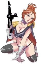 1girl adapted_costume alternate_costume bikini black_cape black_thighhighs blue_eyes breasts brown_eyes cape choker cleavage energy_gun eyelashes full_body gloves grey_gloves gun gundam gundam_gquuuuuux hair_bun hand_on_ground hand_up highres holding holding_gun holding_weapon kycilia_zabi large_breasts lipstick looking_at_viewer makeup mobile_suit_gundam multicolored_eyes orange_hair parted_lips purple_bikini purple_choker red_cape red_lips short_cape short_hair shoulder_pads single_hair_bun solo squatting swimsuit tamakoshi_horiyuki thighhighs two-sided_cape two-sided_fabric weapon