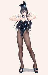 1girl animal_ear_hairband animal_ears black_bow black_bowtie black_hair black_leotard black_pantyhose bow bowtie breasts commentary_request detached_collar fake_animal_ears full_body glasses green_eyes hairband highres kantai_collection leotard long_hair looking_at_viewer ooyodo_(kancolle) open-toe_shoes pantyhose playboy_bunny rabbit_ears semi-rimless_eyewear side-tie_leotard simple_background small_breasts solo standing under-rim_eyewear wrist_cuffs yuuji_(and)