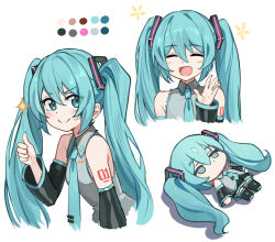 1girl aqua_eyes aqua_hair aqua_necktie bib_(bibboss39) black_skirt black_sleeves black_thighhighs chibi closed_eyes closed_mouth color_guide commentary detached_sleeves dot_nose english_commentary frilled_shirt frills grey_shirt hatsune_miku jitome long_hair looking_at_viewer lying multiple_views necktie number_tattoo on_back open_mouth shirt simple_background skirt sleeveless sleeveless_shirt smile sparkle tattoo thighhighs thumbs_up vocaloid waving white_background