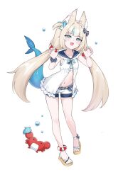 1girl animal_ear_fluff animal_ears blue_bow blue_eyes blue_hair bow brown_sandals cat_ears cattocut dress fang fins fish_girl fish_tail hair_bow heart highres indie_virtual_youtuber kaniki_(sameko_saba) lifebuoy_hair_ornament long_hair looking_at_viewer low_twintails multicolored_hair open_clothes open_dress open_mouth sameko_saba sandals short_shorts shorts skin_fang sleeveless sleeveless_dress smile solo streaked_hair tail twintails very_long_hair white_background white_dress white_shorts
