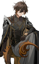 1boy arm_on_knee armor black_cape black_gloves black_shirt brown_eyes brown_hair cape chinese_commentary closed_mouth commentary_request double-parted_bangs dragon_boy dragon_tail genshin_impact gloves gradient_hair hair_between_eyes highres invisible_chair long_sleeves male_focus multicolored_hair pauldrons shirt short_hair shoulder_armor simple_background sitting smile solo tail udgg093577 white_background zhongli_(genshin_impact)