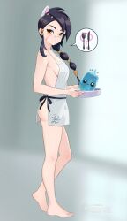 1girl ? absurdres animal_ears bandaid bandaid_on_face bandaid_on_nose bare_legs barefoot black_hair braid breasts cat_ears erisa_(fortnite) fake_animal_ears feet forehead fortnite futatunoniji highres holding long_hair looking_at_viewer overalls simple_background single_braid small_breasts solo toes white_overalls yellow_eyes