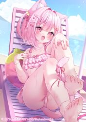 1girl animal_ear_fluff animal_ears bare_shoulders barefoot beach beach_chair bikini blush bow breasts cat_ears cat_girl cat_tail chair frills hair_ornament looking_at_viewer momochi_chia open_mouth original outdoors pink_bikini pink_eyes pink_hair pink_ribbon ribbon sitting smile solo sweat sweatdrop swimsuit tail wet
