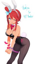 1girl ;q absurdres animal_ears bare_shoulders black_leotard blue_eyes breasts clenched_hands clothing_cutout commission commissioner_name commissioner_upload cosplay detached_collar dot_nose english_text fake_animal_ears fake_tail hair_ornament hairclip hatsune_miku hatsune_miku_(cosplay) heart heart_cutout highres knees_up leotard looking_at_viewer medium_breasts nintendo one_eye_closed pantyhose pokemon pokemon_bw rabbit_ears rabbit_hole_(vocaloid) rabbit_tail red_hair ribbon ruushe0416 shiny_skin short_hair_with_long_locks side-tie_leotard single_handcuff skeb_commission skyla_(pokemon) smile solo tail thank_you thigh_strap tongue tongue_out white_background