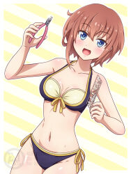 Rule 34 | 1girl, alice gear aegis, bikini, blue eyes, blue one-piece swimsuit, breasts, brown hair, cowboy shot, highres, holding pliers, kanagata sugumi, medium breasts, multicolored bikini, navel, one-piece swimsuit, open mouth, pliers, short hair, side-tie bikini bottom, smile, solo, striped background, swimsuit, wire cutters, yosuzu