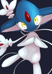 absurdres azelf black_background closed_mouth commentary_request creatures_(company) game_freak gen_4_pokemon head_tilt highres interlocked_fingers legendary_pokemon looking_at_viewer nintendo no_humans own_hands_together pokemon pokemon_(creature) scottie0521 solo yellow_eyes