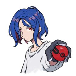 Rule 34 | 1boy, blue hair, colored inner hair, gloves, gundam, gundam gquuuuuux, highres, holding, holding poke ball, looking at viewer, lower eyelashes only, male focus, multicolored hair, poke ball, purple hair, red eyes, shenghuotui xingxing, shirt, short hair, shuji ito, simple background, solo, two-tone hair, white background, white shirt