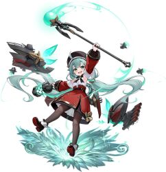 1girl ahoge arm_up armpits azur_lane beret black_bow black_bowtie black_hat black_pantyhose black_shoes bow bowtie buttons detached_sleeves double-breasted fang full_body glowworm_(azur_lane) glowworm_(retrofit)_(azur_lane) green_eyes green_hair hat high-waist_skirt highres holding holding_lantern holding_weapon lantern long_hair looking_at_viewer low_twintails non-web_source official_art open_mouth pantyhose presenting_armpit red_skirt red_sleeves rigging shirt shoes skin_fang skirt smile solo torpedo_tubes twintails very_long_hair weapon white_shirt