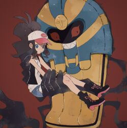 1girl baseball_cap black_vest blue_eyes breasts brown_hair cofagrigus cutoffs denim denim_shorts exposed_pocket gen_5_pokemon hat high_ponytail highres hilda_(pokemon) hime_(himetya105) holding long_hair nintendo open_clothes open_mouth open_vest poke_ball_print pokemon pokemon_(creature) pokemon_bw ponytail shirt short_shorts shorts sidelocks vest white_shirt