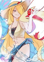 Rule 34 | 1girl, bikini, bikini under clothes, blonde hair, blue sarong, breasts, brown hat, closed mouth, crop top, cynthia (pokemon), cynthia (summer 2025) (pokemon), flower, flower hat, gen 3 pokemon, grey eyes, hair over one eye, hat, hat flower, highres, long hair, looking at viewer, milotic, navel, nintendo, nirugiri (nirgy), official alternate costume, pokemon, pokemon masters ex, sarong, shirt, simple background, smile, solo, straw hat, sun hat, swimsuit, tied shirt, very long hair, water, white background