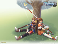 00s 2006 2girls anelace_elfead armor belt black_legwear boots bow brown_hair bug butterfly company_name copyright_name dress eiyuu_densetsu elbow_gloves estelle_bright falcom fingerless_gloves gloves grass hair_bow hair_intakes hairband bug knee_boots light_rays long_hair multiple_girls official_art orange_dress orange_skirt over_shoulder scabbard sheath shoes short_hair shorts sitting skirt smile sora_no_kiseki staff sunbeam sunlight thighhighs thighhighs_under_boots tree twintails v_arms white_legwear