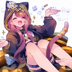 1girl animal_ears ankh arknights black_jacket black_shorts brown_hair cat_ears cat_girl cat_tail closed_eyes commentary feet foot_out_of_frame gold_trim highres hood hooded_jacket infection_monitor_(arknights) jacket long_hair looking_at_viewer open_mouth pepe_(arknights) pillow shirt shorts simple_background smile solo symbol-only_commentary tail tail_ornament takumi_mizuki white_background white_shirt