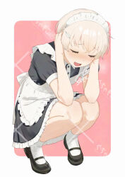 1girl :d adversarial_noise alternate_costume apron black_dress black_shoes blonde_hair blush border cat_hair_ornament closed_eyes collared_dress contrast_collar covering_own_ears crossed_bangs dress embarrassed english_text enmaided frilled_apron frilled_dress frills hair_between_eyes hair_ornament hairpin kantai_collection knees_up maid maid_apron maid_headdress mary_janes mixed-language_text open_mouth outside_border red_background rounded_corners sakiecho shoes short_hair short_sleeves sidelocks simple_background smile socks solid_circle_eyes solo squatting watermark white_background white_border white_socks z1_leberecht_maass_(kancolle)