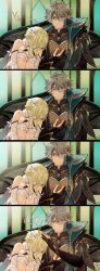 1boy 1girl 4koma ahoge alhaitham_(genshin_impact) aqua_hair artist_name asymmetrical_sidelocks black_cape black_gloves black_shirt blonde_hair blue_background blue_cape blue_eyes book bridal_gauntlets cable cape chest_jewel closed_mouth colored_inner_hair comic criss-cross_halter detached_sleeves dress facing_viewer fingerless_gloves flower gem genshin_impact gloves gold_trim green_background green_gemstone grey_hair hair_between_eyes hair_flower hair_ornament hair_over_one_eye halterneck hand_on_another&#039;s_head hand_up hands_up highres hugging_own_legs inteyvat_flower_(genshin_impact) jewelry leaning_on_person long_bangs looking_at_another lumine_(genshin_impact) multicolored_hair multiple_views one_eye_covered open_book parted_bangs partially_fingerless_gloves reading ring scarf shirt short_hair short_hair_with_long_locks sidelocks signature sitting sleeping streaked_hair swept_bangs translation_request two-tone_background two-tone_hair upper_body v0u0v_ag vision_(genshin_impact) white_dress white_scarf white_sleeves