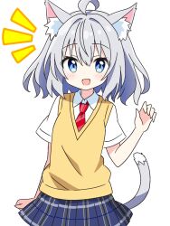 1girl :d ahoge animal_ear_fluff animal_ears blue_eyes blue_skirt blush cat_ears cat_girl cat_tail collared_shirt commentary_request cowboy_shot dot_nose grey-haired_cat_girl_(kotatsu-mazoku) grey_hair hand_up highres kotatsu-mazoku looking_at_viewer necktie notice_lines open_mouth original plaid_clothes plaid_skirt pleated_skirt red_necktie school_uniform shirt short_hair short_sleeves simple_background skirt smile solo tail vest white_background white_shirt yellow_vest