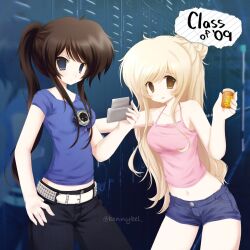 2000s_(style) 2girls artist_name belt black_hair blonde_hair breasts cellphone class_of_09 commentary copyright_name derivative_work emo_fashion english_commentary hair_bun hand_on_own_hip highres holding holding_phone jecka_(class_of_09) jelly_(bonnybel) locker long_hair medium_breasts midriff multiple_girls navel nicole_(class_of_09) phone pill pink_tank_top ponytail scene_fashion sidelocks single_hair_bun small_breasts standing tank_top very_long_hair watermark