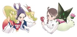 1boy 1girl black_hair brown_eyes brown_hair closed_mouth game_freak gloves highres holding holding_poke_ball hydrapple jacket juliana_(pokemon) kieran_(pokemon) long_sleeves meowscarada multicolored_hair nintendo off_shoulder open_clothes open_jacket open_mouth orange_eyes poke_ball poke_ball_(basic) pokemon pokemon_(creature) pokemon_sv purple_hair red_eyes red_gloves red_tank_top s_s_k00 simple_background single_glove tank_top tongue white_background white_jacket