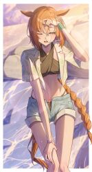 1girl absurdres alternate_costume animal_ears blue_shorts braid denim denim_shorts highres horse_ears horse_girl horse_tail ikuno_dictus_(umamusume) isana615 navel one_eye_closed open_fly orange_hair shorts single_braid solo tail umamusume wet