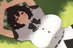 1girl arms_up belt black_belt black_hair black_ribbon black_skirt black_sleeves blush breasts bright_pupils buttons grass hat highres large_breasts light_smile looking_at_viewer lying moriforest1040 on_back on_grass on_ground open_mouth pointy_ears pom_pom_(clothes) red_eyes red_hat ribbon shadow shameimaru_aya shirt short_hair short_sleeves skirt solo teeth tokin_hat touhou white_shirt