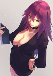 Rule 34 | 1girl, absurdres, alternate costume, black choker, black jacket, black skirt, breasts, capcom, center opening, choker, cleavage, collarbone, final fight, formal clothes, from above, green eyes, grey background, hair between eyes, hand on own hip, hara kenshi, highres, jacket, large breasts, light smile, long hair, looking at viewer, nail polish, no bra, notebook, pencil skirt, pink lips, poison (final fight), purple hair, purple nails, skirt, skirt suit, solo, street fighter, suit, very long hair