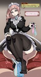 Rule 34 | 1boy, 1girl, :o, bed, black socks, blush, breasts, captain kirb, chest jewel, clothed female nude male, condom, condom on penis, cum, dialogue box, dress, ejaculation, english text, erection, feet, felicia (fire emblem), femdom, fingerless gloves, fire emblem, footjob, gloves, jewelry, large breasts, looking down, maid, maid headdress, nintendo, nude, penis, pink hair, precum, sitting, sitting on face, sitting on person, skirt, socks, sound effects, spread legs, sweat, uncensored, used condom, used condom on penis
