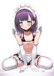 1boy apron bikini black_bikini bulge collar crossdressing elbow_gloves frills gloves green_eyes highres maid maid_headdress male_focus medium_hair mole mole_under_mouth original purple_hair sitting swimsuit trap waist_apron wariza white_gloves yapo_(croquis_side)